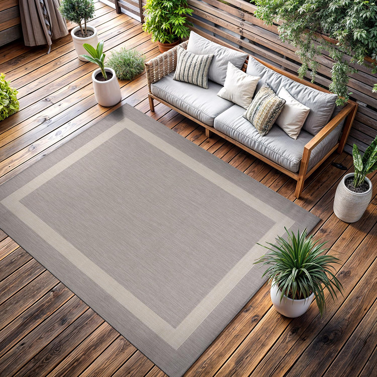 CAMILSON outdoor rug 6x9 bordered gray-white closeup texture boosts outdoor style and durability