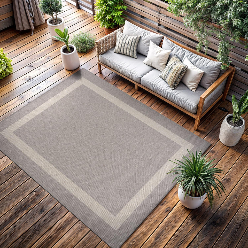 CAMILSON outdoor rug 6x9 bordered gray-white closeup texture boosts outdoor style and durability