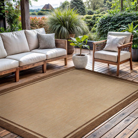 CAMILSON outdoor rug 6x9 with natural brown border; durable for patios and porches