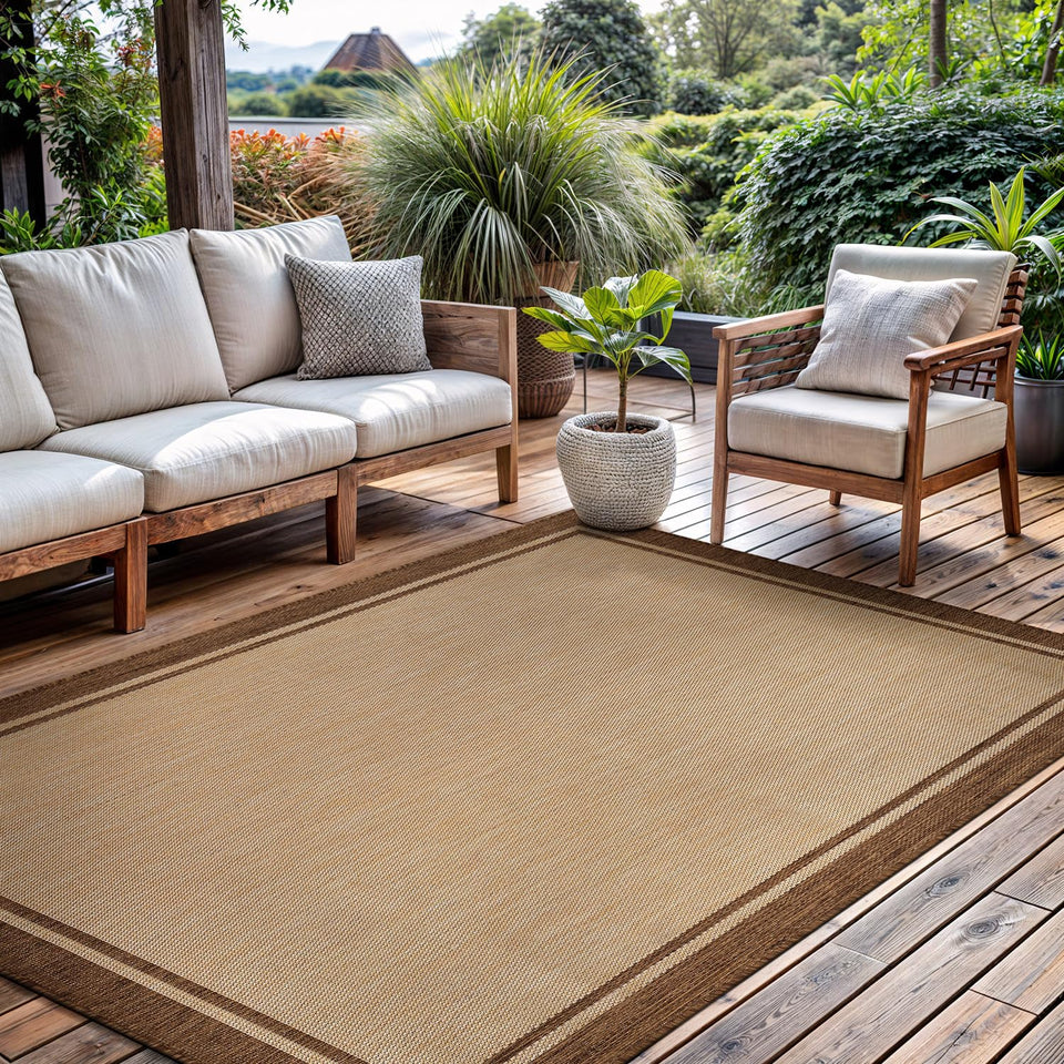 CAMILSON outdoor rug 8x10 with natural brown border for versatile indoor outdoor use.