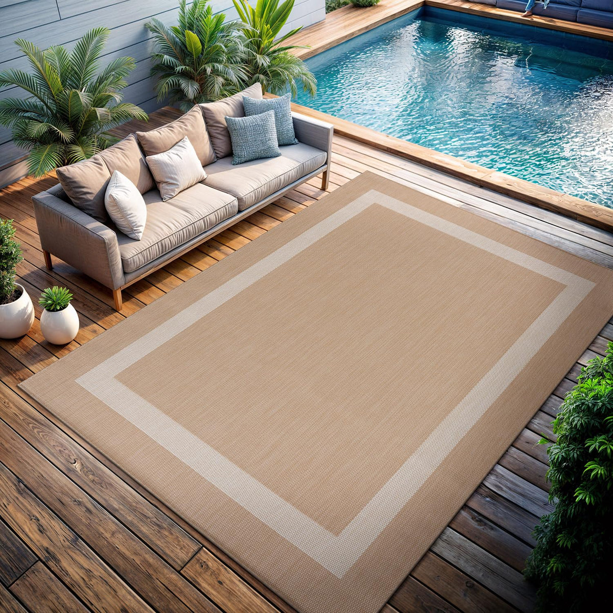 CAMILSON 9x12 bordered beige-white outdoor rug on patio, durable and easy to clean.