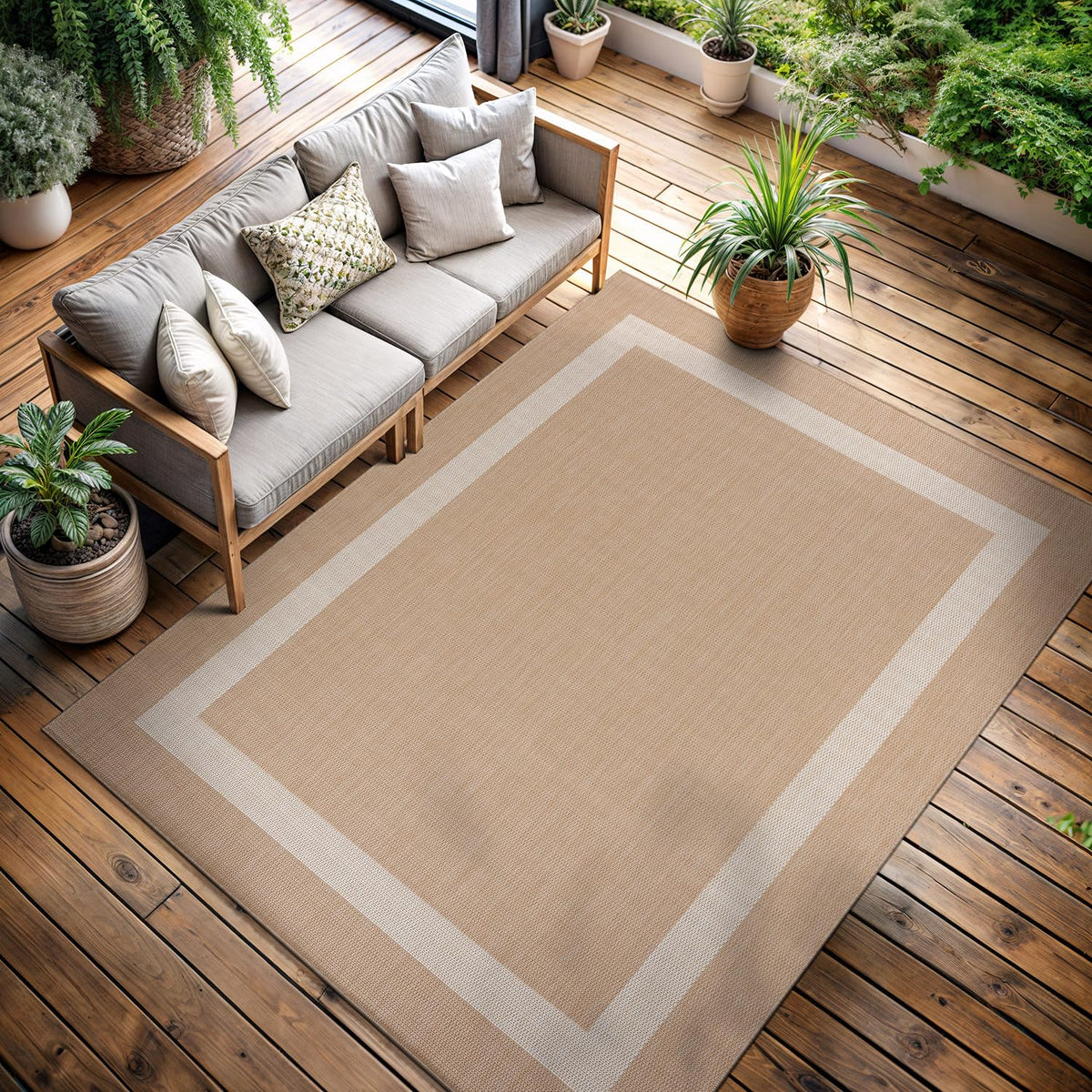 CAMILSON outdoor rug under sun demonstrates UV protection and fade resistance.
