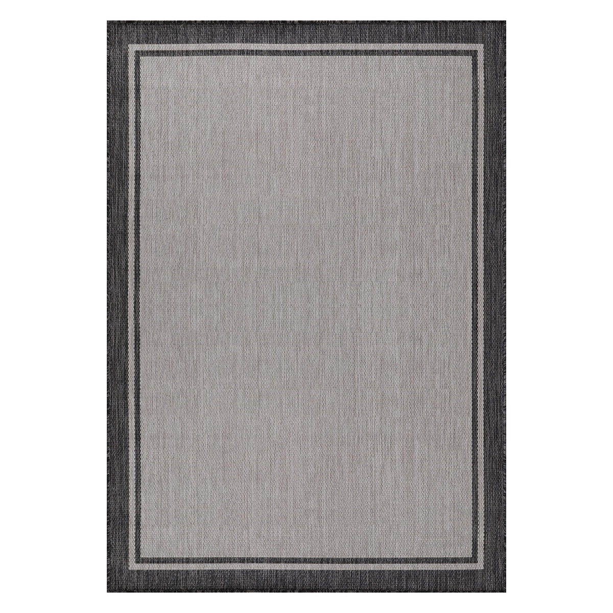 CAMILSON outdoor patio rug with grey border, designed for sun and weather resilience.