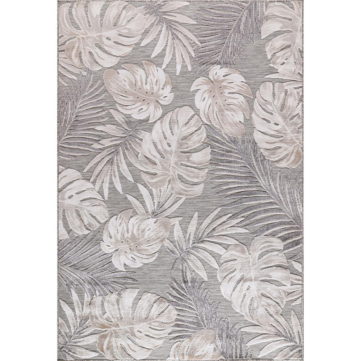 CAMILSON rug close-up of tropical leaf design highlights staining resistance and easy cleaning.