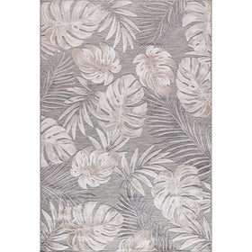 CAMILSON rug close-up of tropical leaf design highlights staining resistance and easy cleaning.