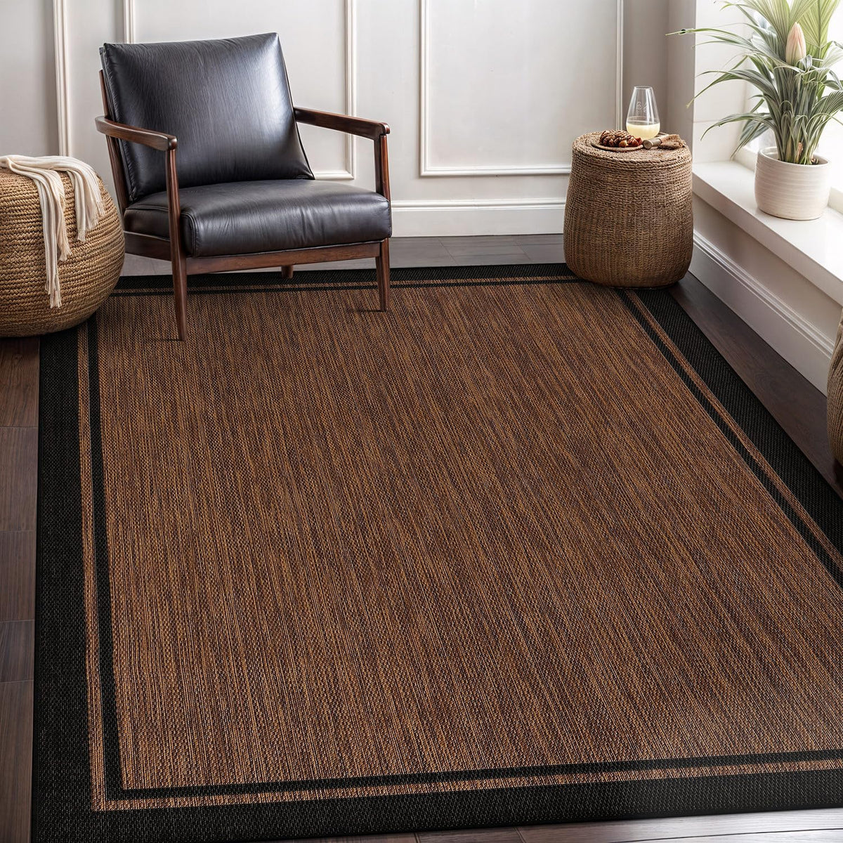 CAMILSON washable rug, bordered nut brown, hose-clean friendly for outdoor messes