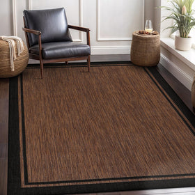 CAMILSON washable rug, bordered nut brown, hose-clean friendly for outdoor messes