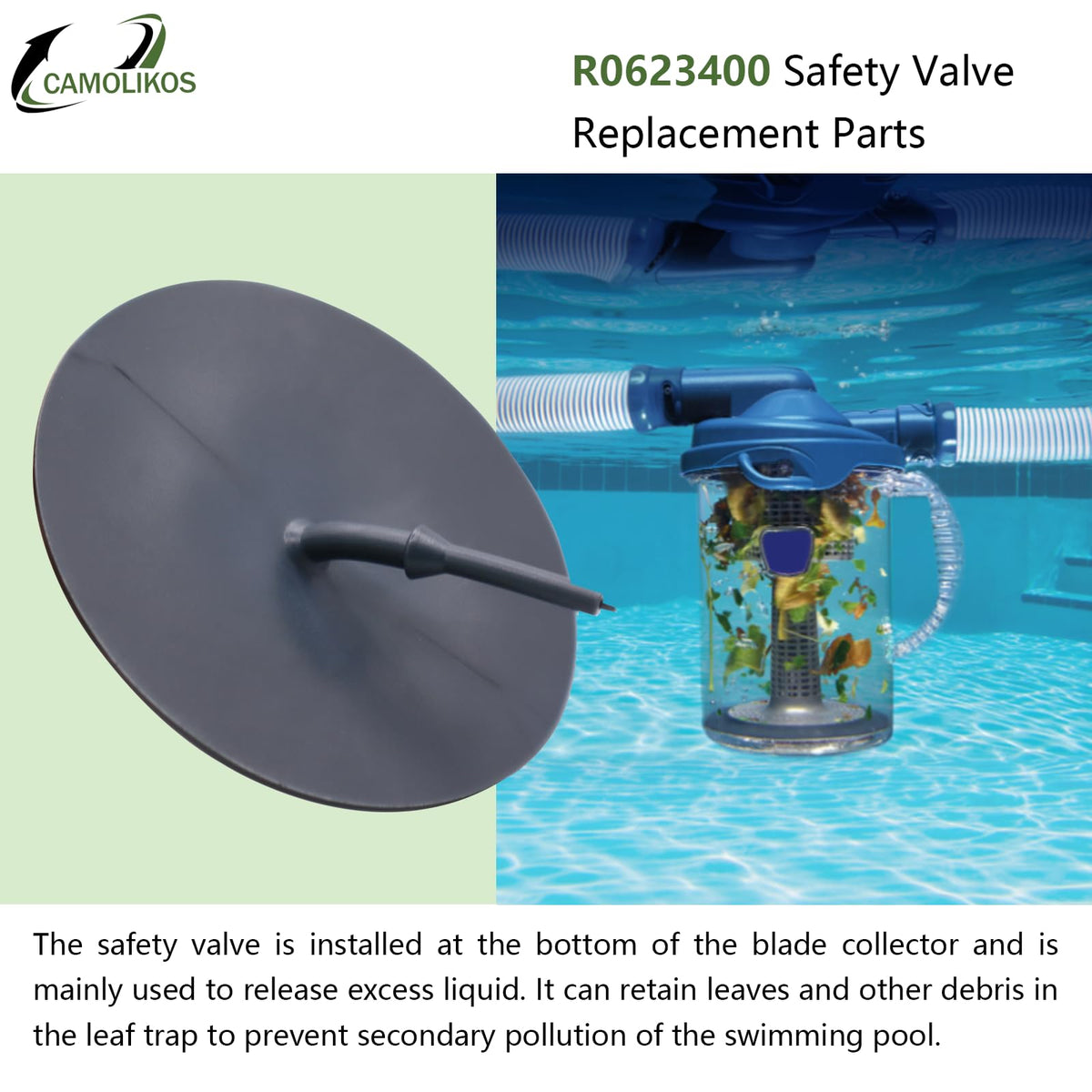 CAMOLIKOS relief valve shown on cyclonic leaf catcher during pool maintenance