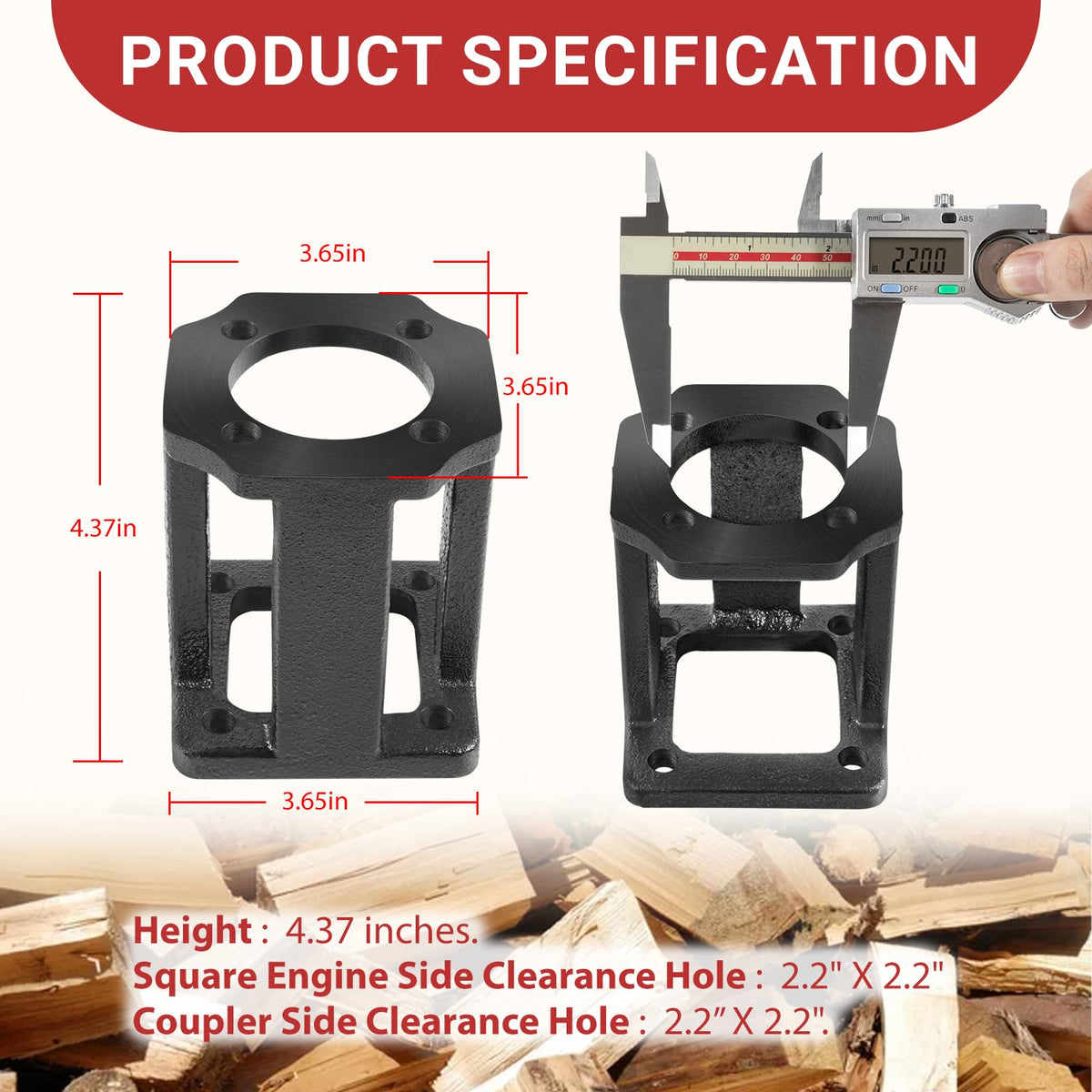 Camoo log-splitter-bracket-installation-holes closeup confirms multi-brand bolt pattern compatibility.