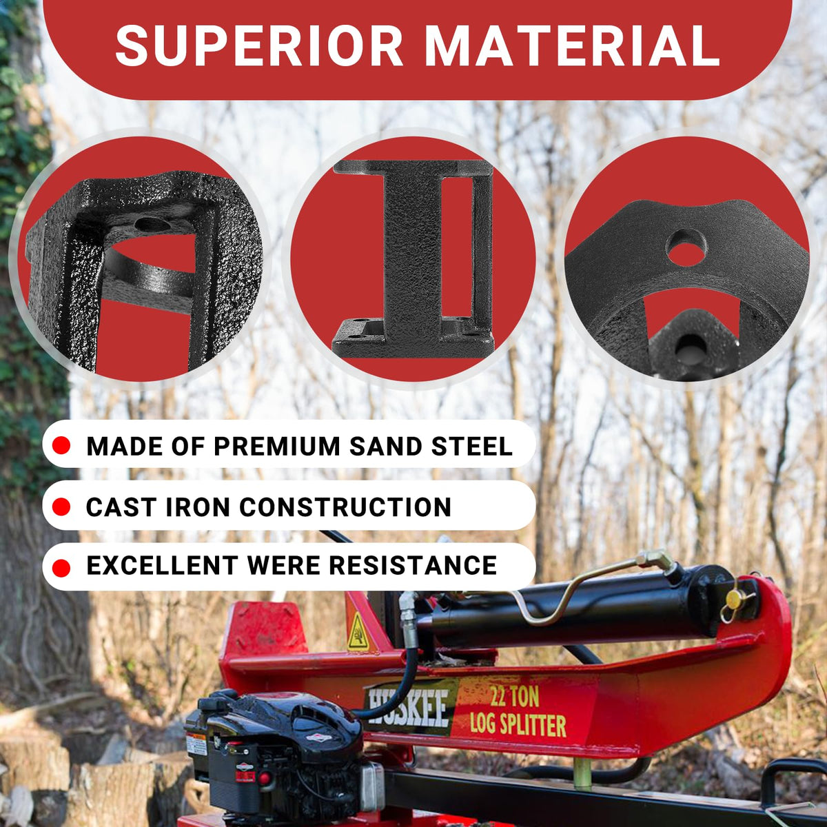 Camoo log-splitter-bracket material-closeup shows durable sand steel and cast iron build.