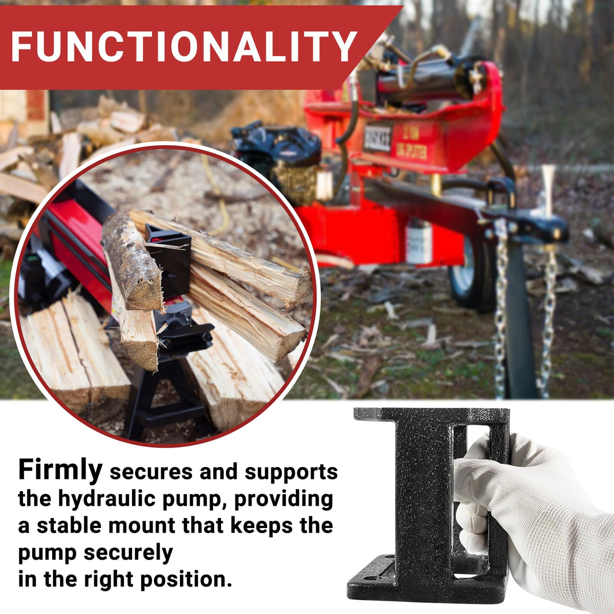 Camoo log-splitter-bracket top view emphasizes precise alignment for easy setup.