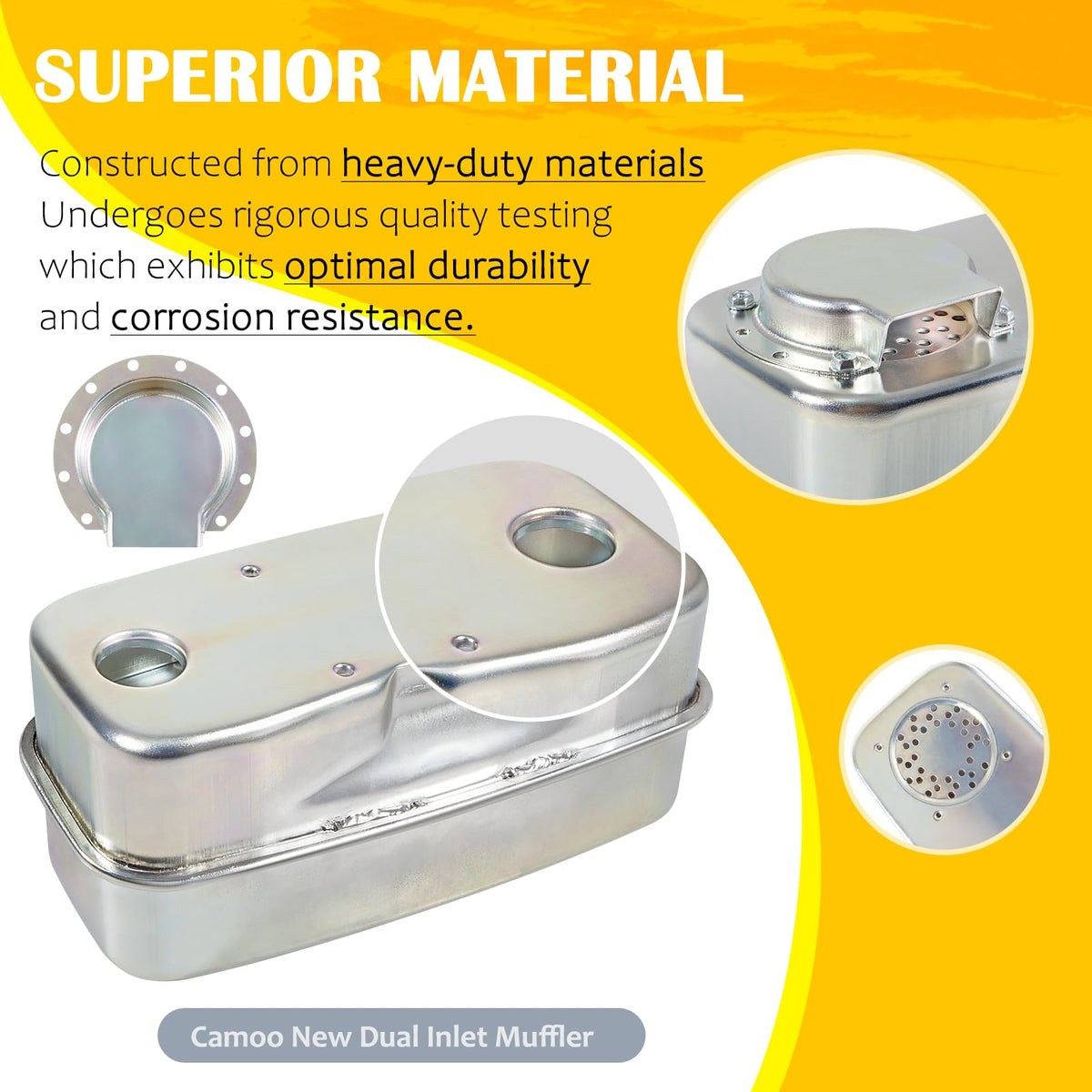 Camoo muffler twin inlet side view highlights durable construction.