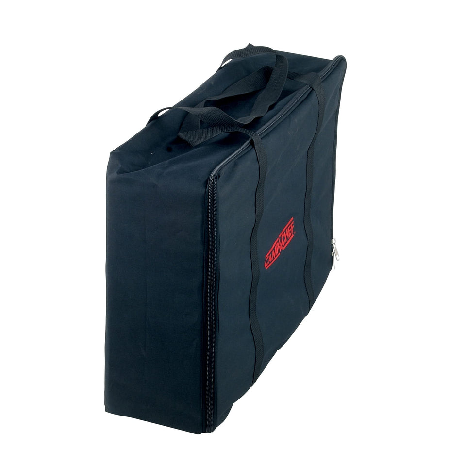 Camp Chef accessory carry bag side view showing rugged beige exterior for camping gear