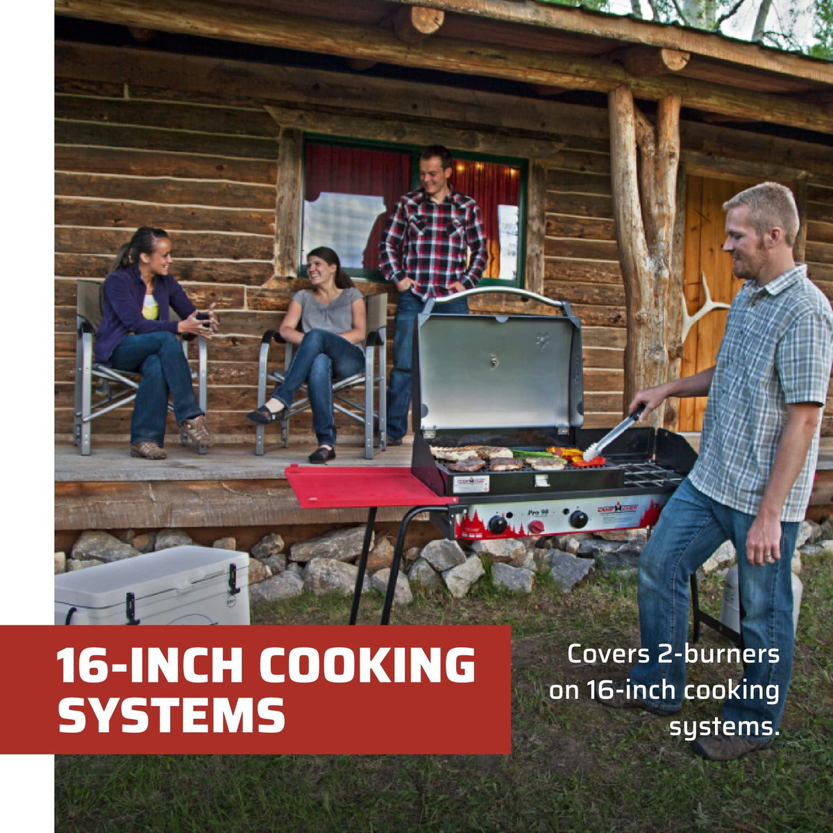 Camp Chef BB90L hinged lid with thermometer for easy temperature checks.