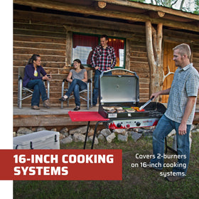 Camp Chef BB90L hinged lid with thermometer for easy temperature checks.