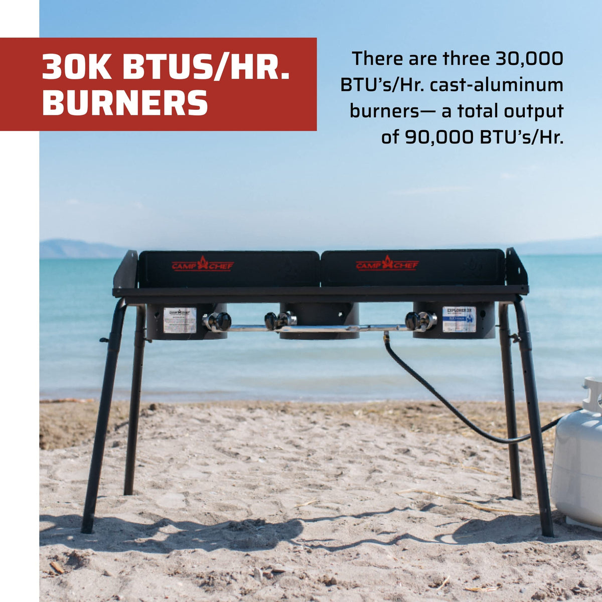 Camp Chef Explorer 3X cooking surface details with expansive 14 by 49 inches.