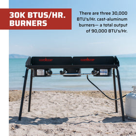 Camp Chef Explorer 3X cooking surface details with expansive 14 by 49 inches.