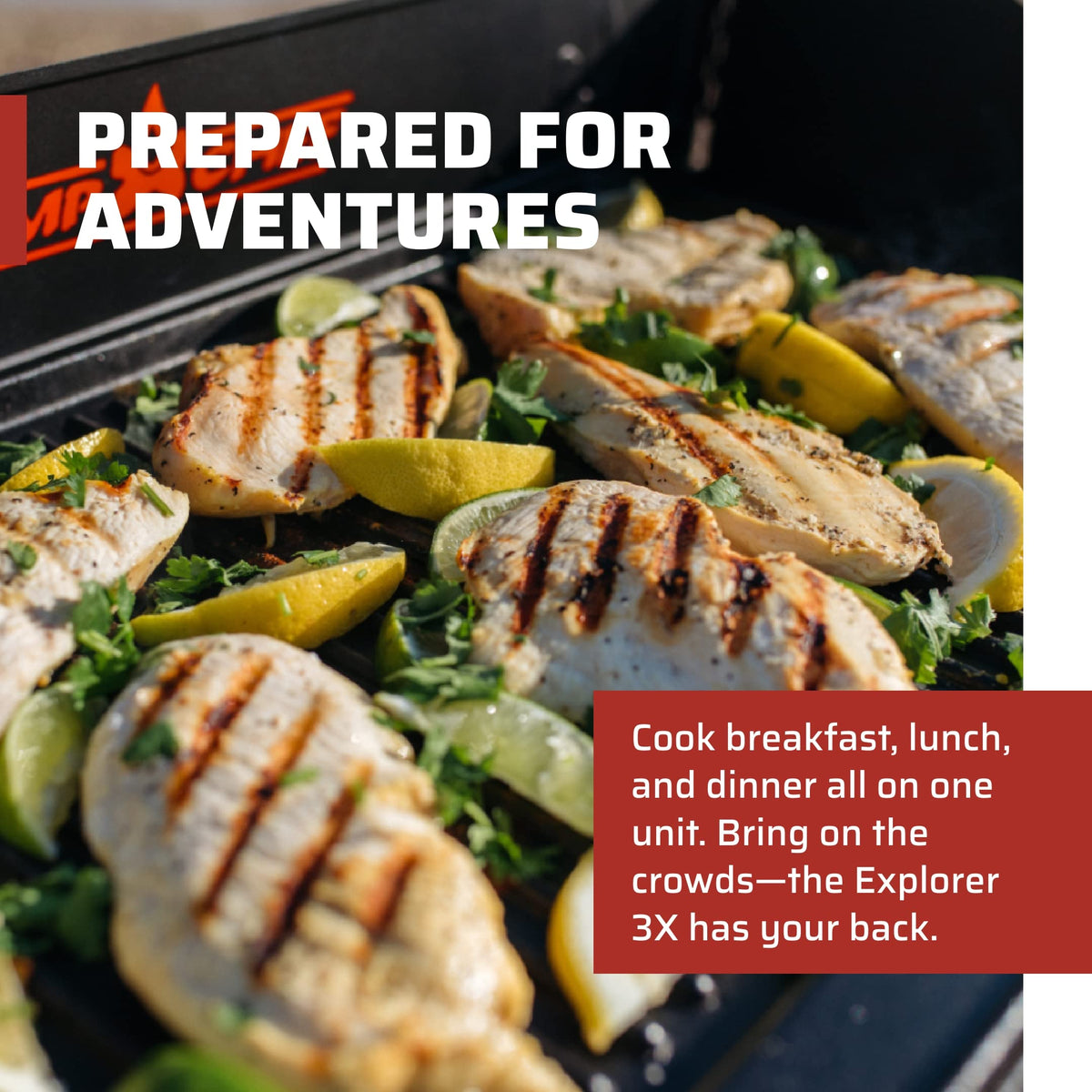 Camp Chef Explorer 3X hose and regulator ready for rugged outdoor cooking.