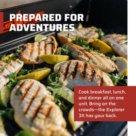Camp Chef Explorer 3X hose and regulator ready for rugged outdoor cooking.