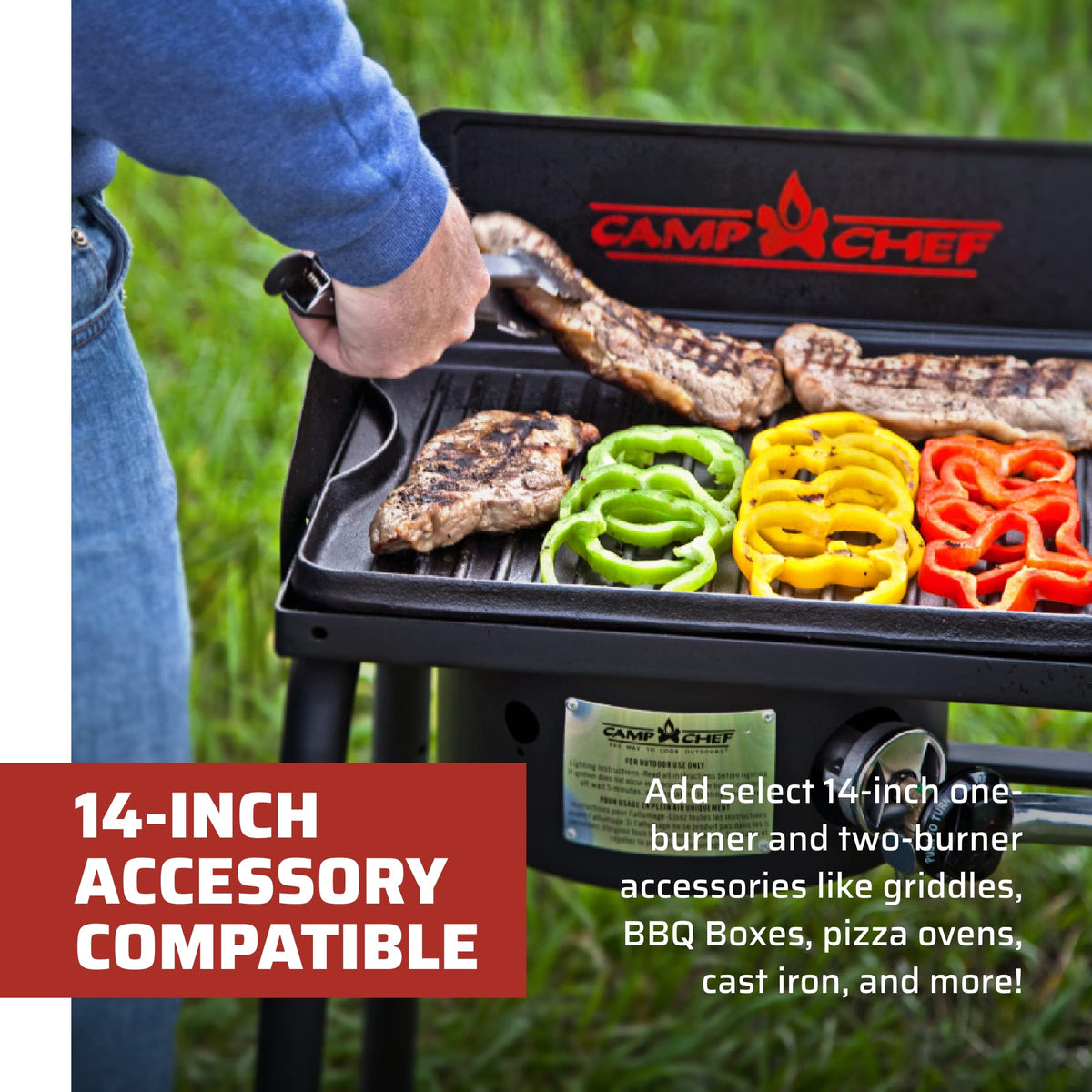 Camp Chef Explorer 3X removable legs enable stable setup on uneven terrain.