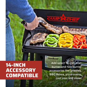 Camp Chef Explorer 3X removable legs enable stable setup on uneven terrain.