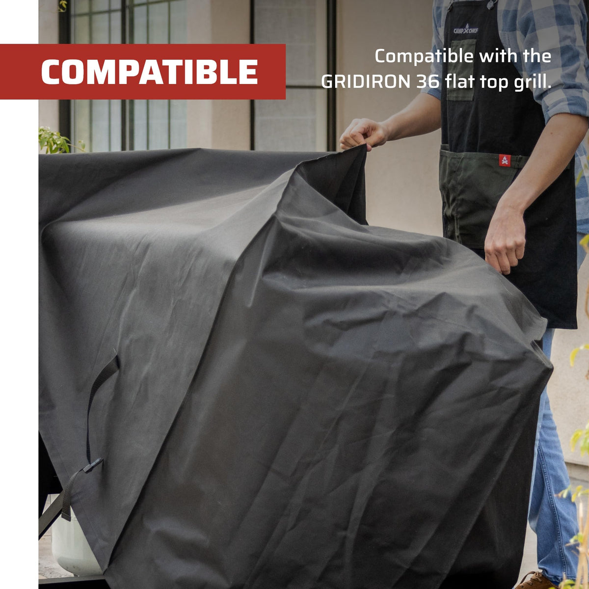 Camp Chef Gridiron 36 patio cover fabric detail shows heavy-duty 600D coating