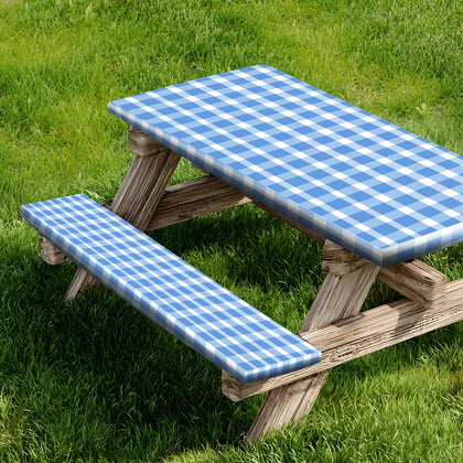 Camper Matters picnic table cover full setup on table and benches for outdoor dining