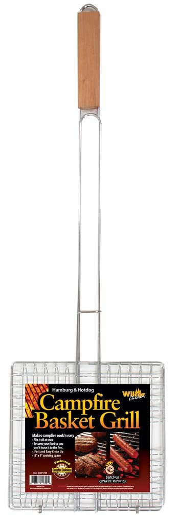 Campfire Basket Grill Broiler with long handle for secure flip over open flames.