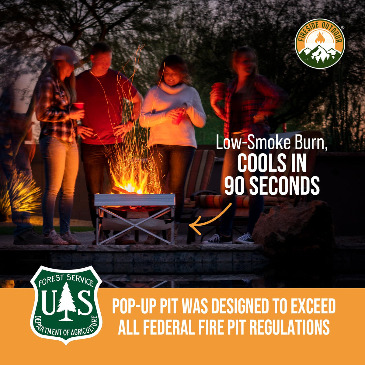 Campfire Defender supports wood, charcoal, and wax logs for versatile fires