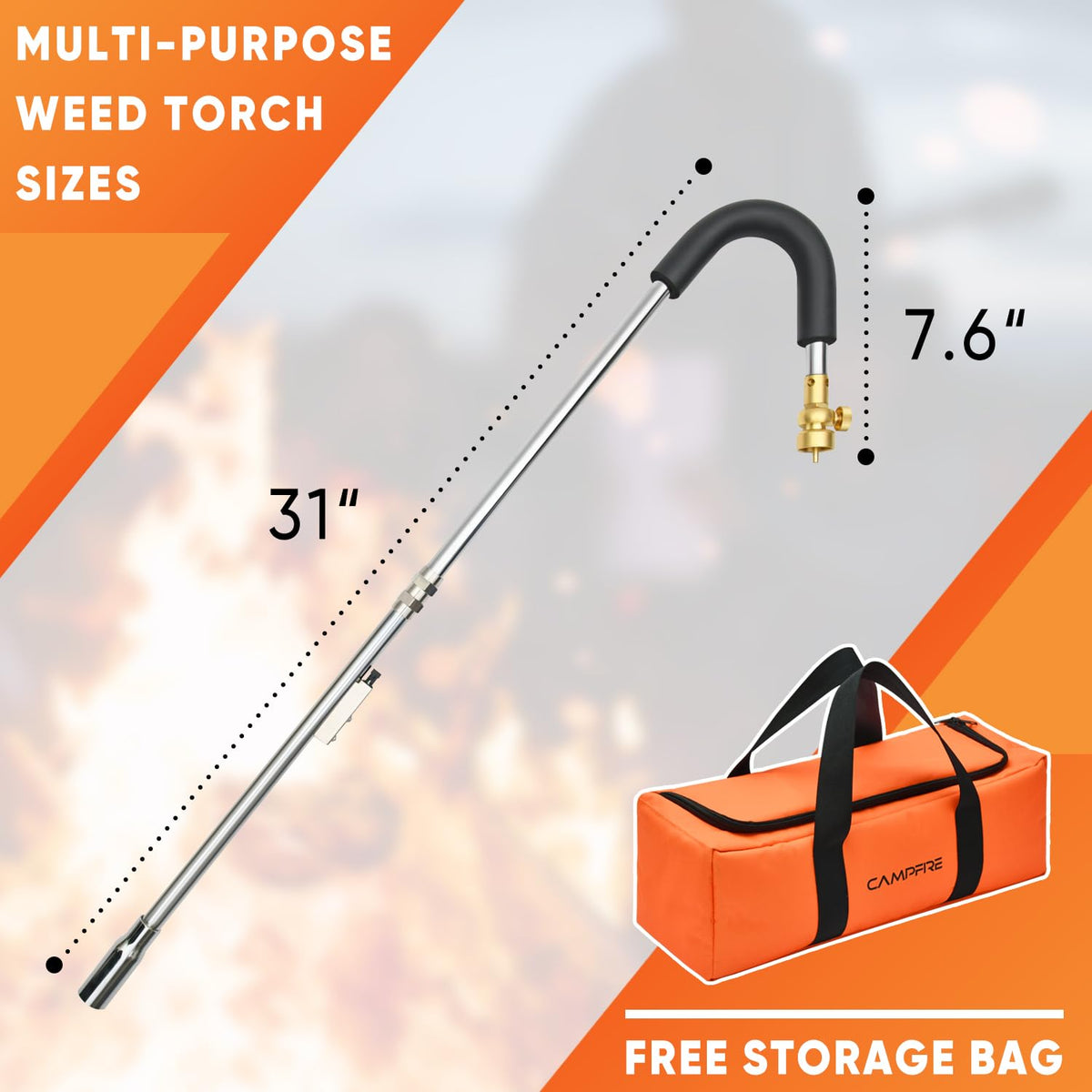 CAMPFIRE weed burner torch shown with storage bag for portability and tidy storage