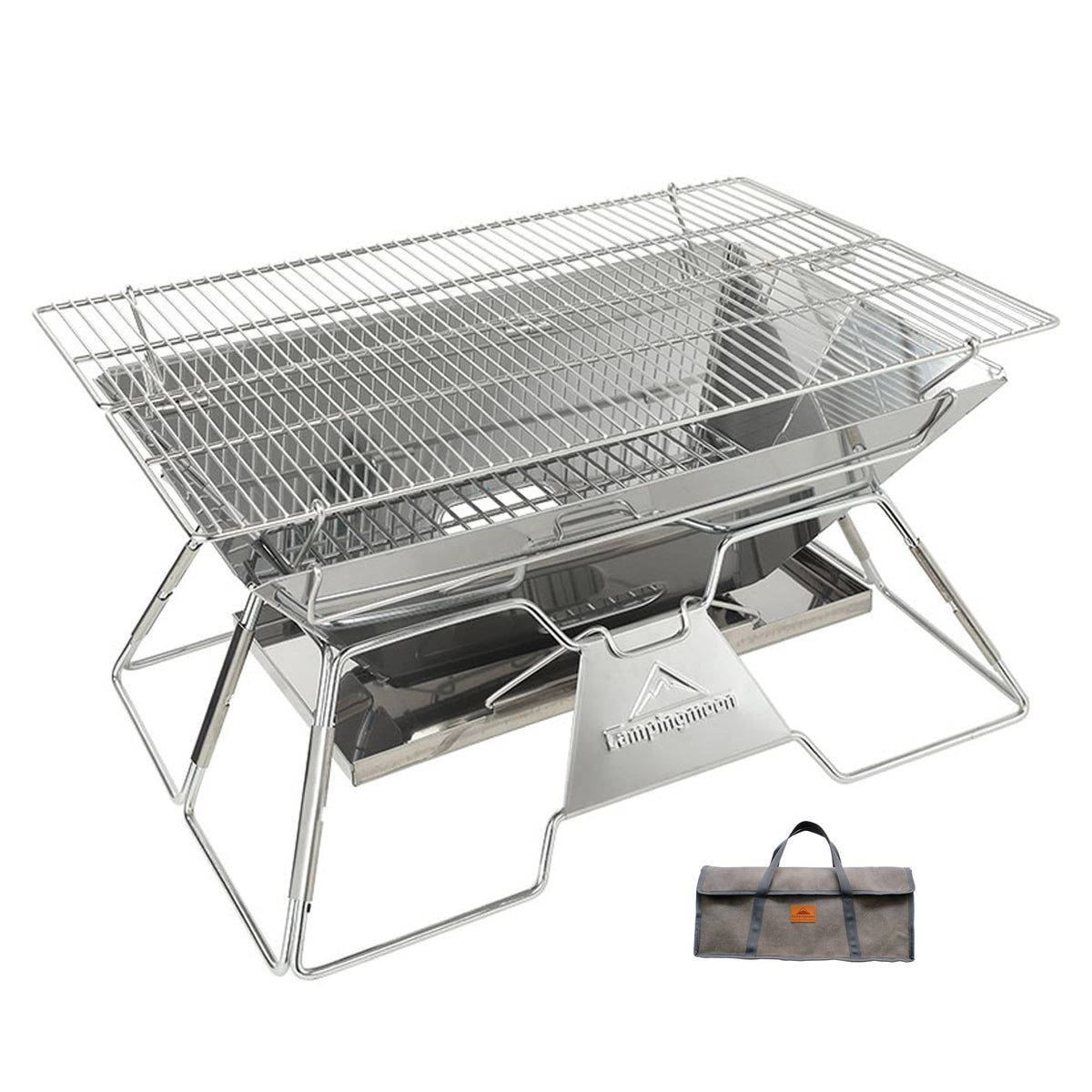 Camping Moon MT-3 folded fire pit in carry bag for travel convenience.