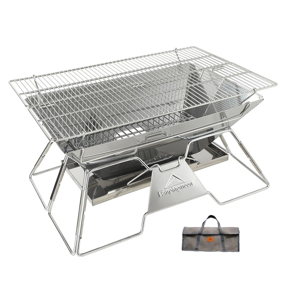 Camping Moon MT-3 folded fire pit in carry bag for travel convenience.