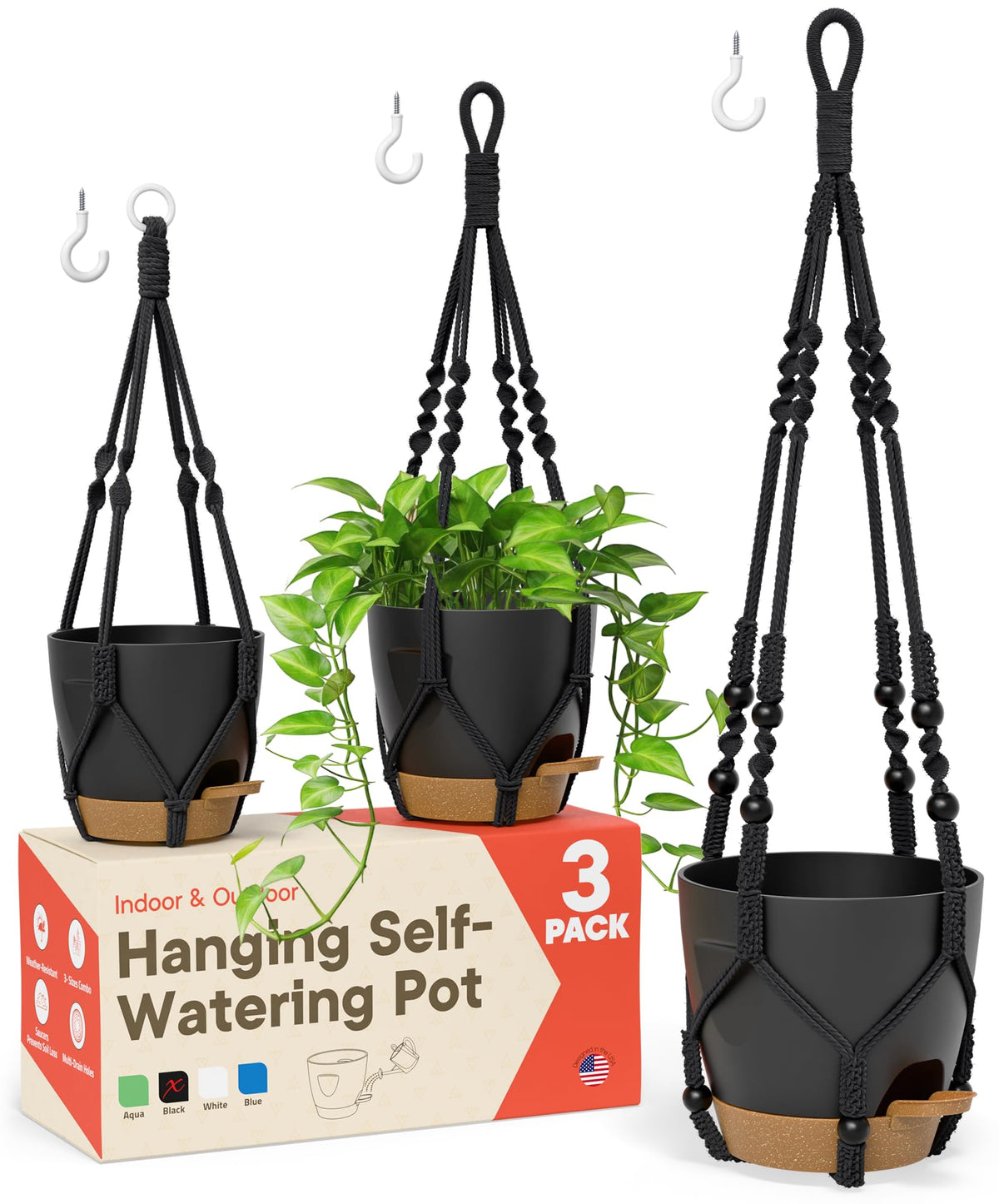Campior black hanging pot with reservoir for effortless indoor plant watering.
