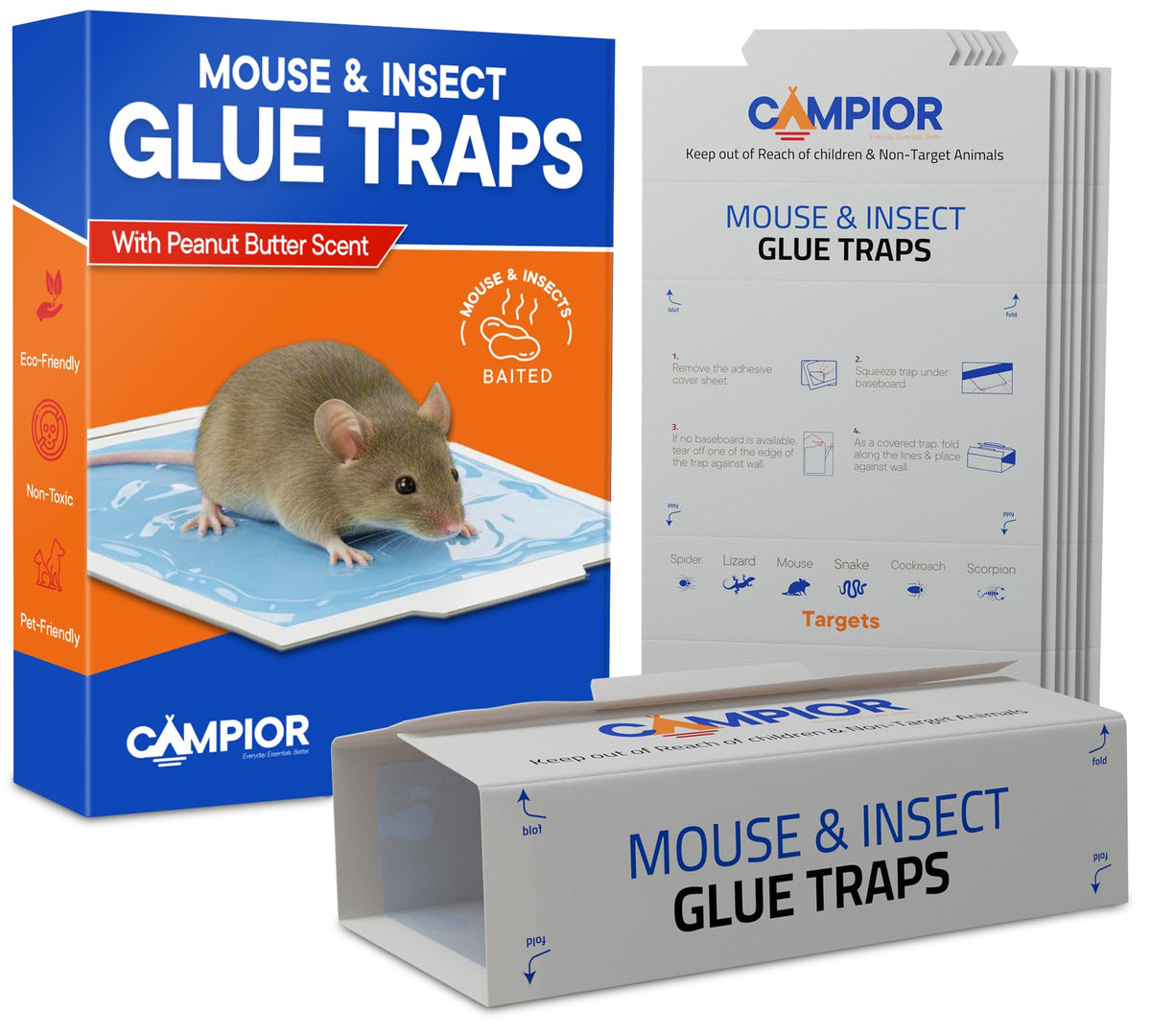 Campior Glue Traps pack of 12 prebaited mouse traps ready along walls.