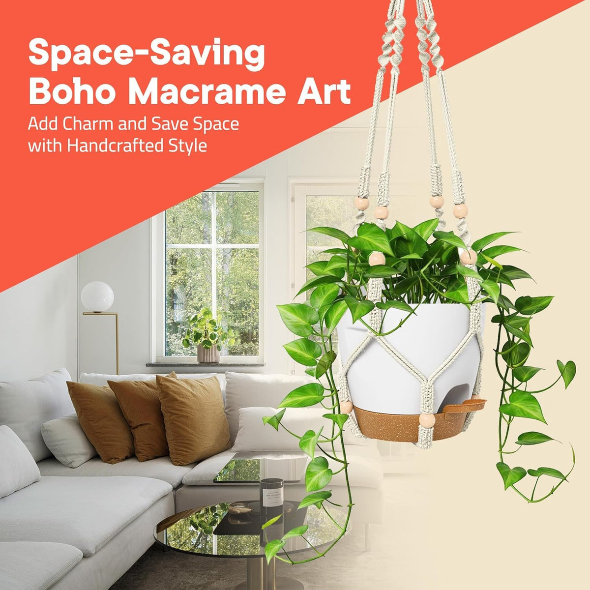 Campior macrame hanger detail adds boho style to outdoor plant display.