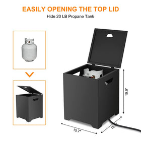 CAMPLUX propane storage table used as outdoor surface.
