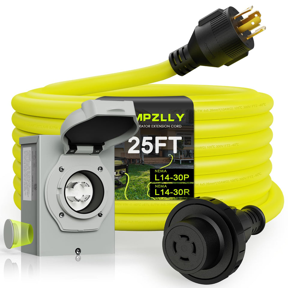 Campzlly 30A generator cord 25ft for durable outdoor power transfer.