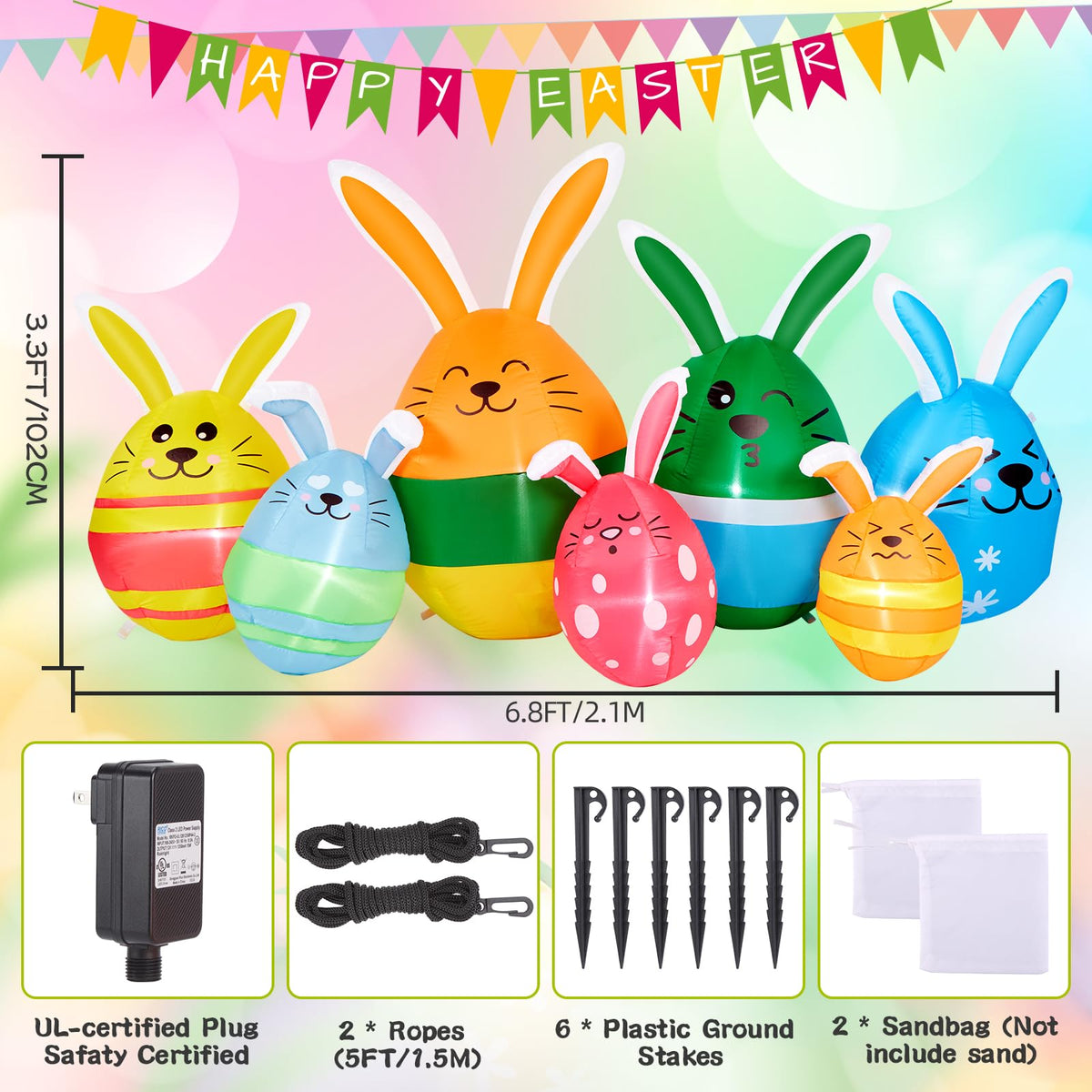 CAMULAND Easter inflatable with secure stakes and ties ensures stable outdoor setup.