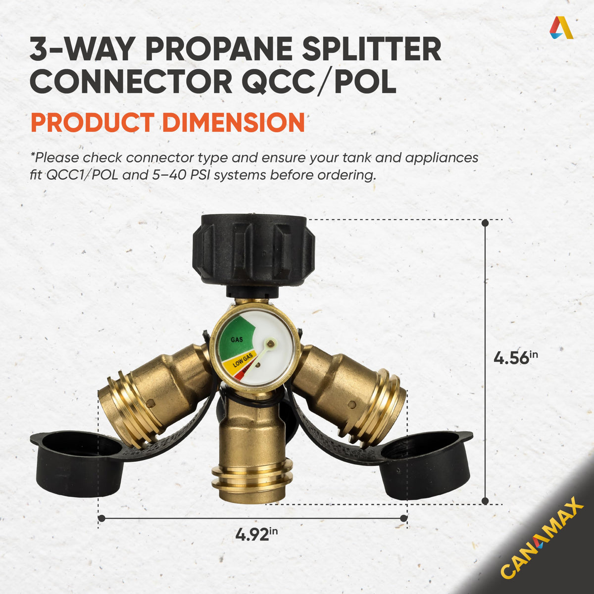 Canamax propane splitter gauge close-up with color-coded dial for easy monitoring