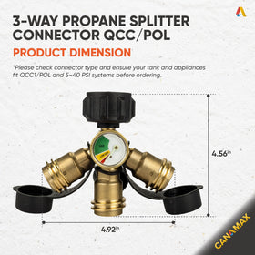 Canamax propane splitter gauge close-up with color-coded dial for easy monitoring