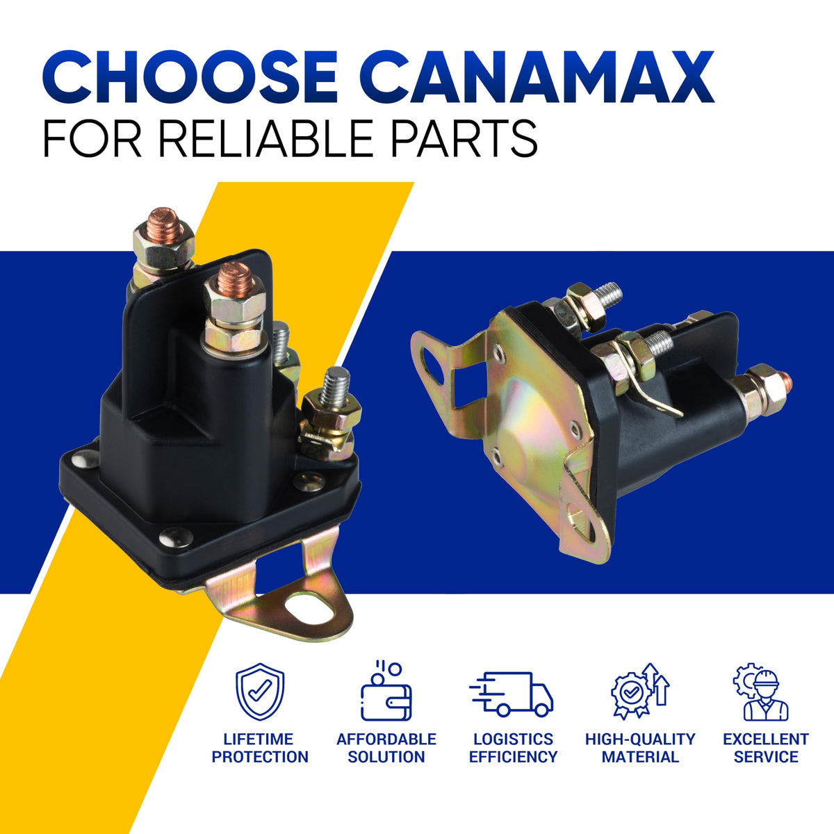 Canamax starter solenoid installed on Exmark Toro for compatibility check.
