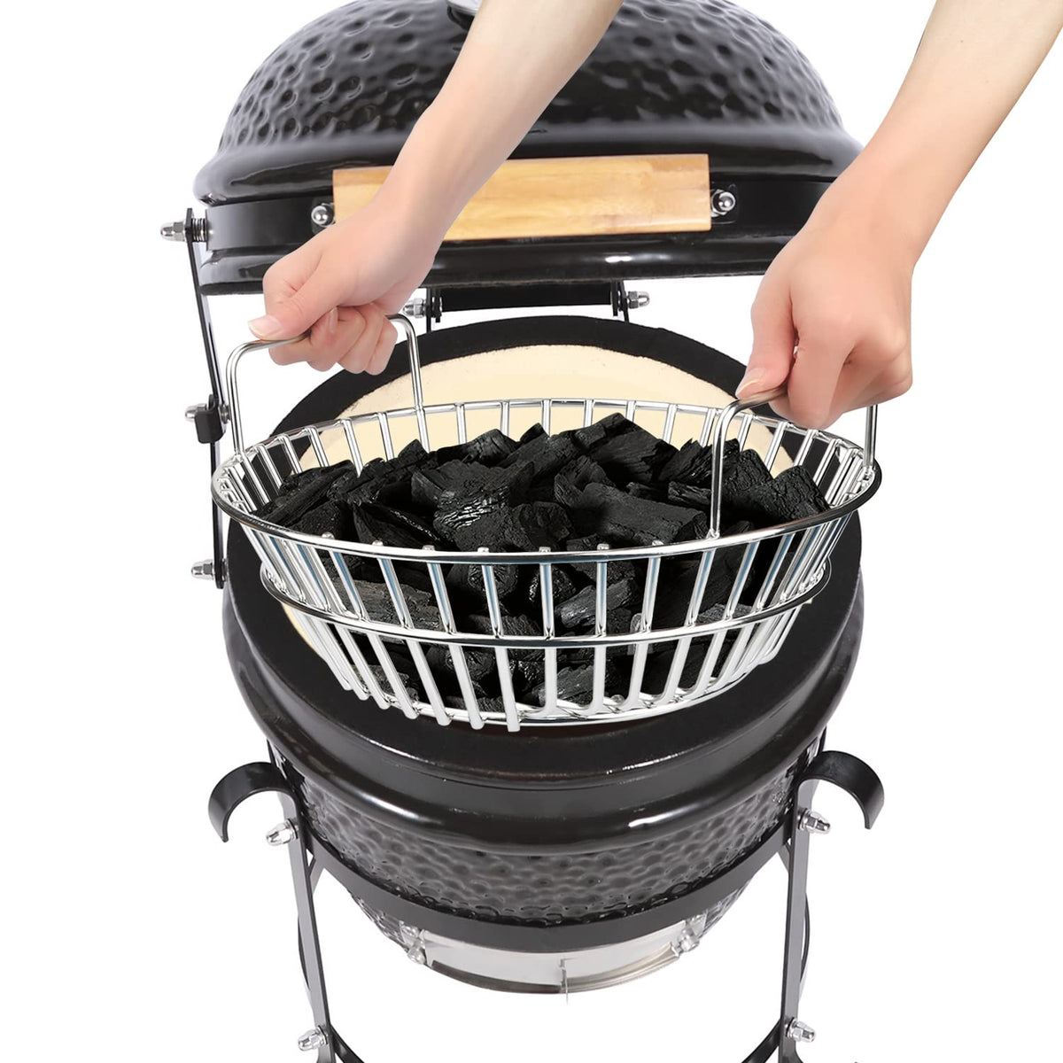 Basket in use inside an 18 inch grill for even burn