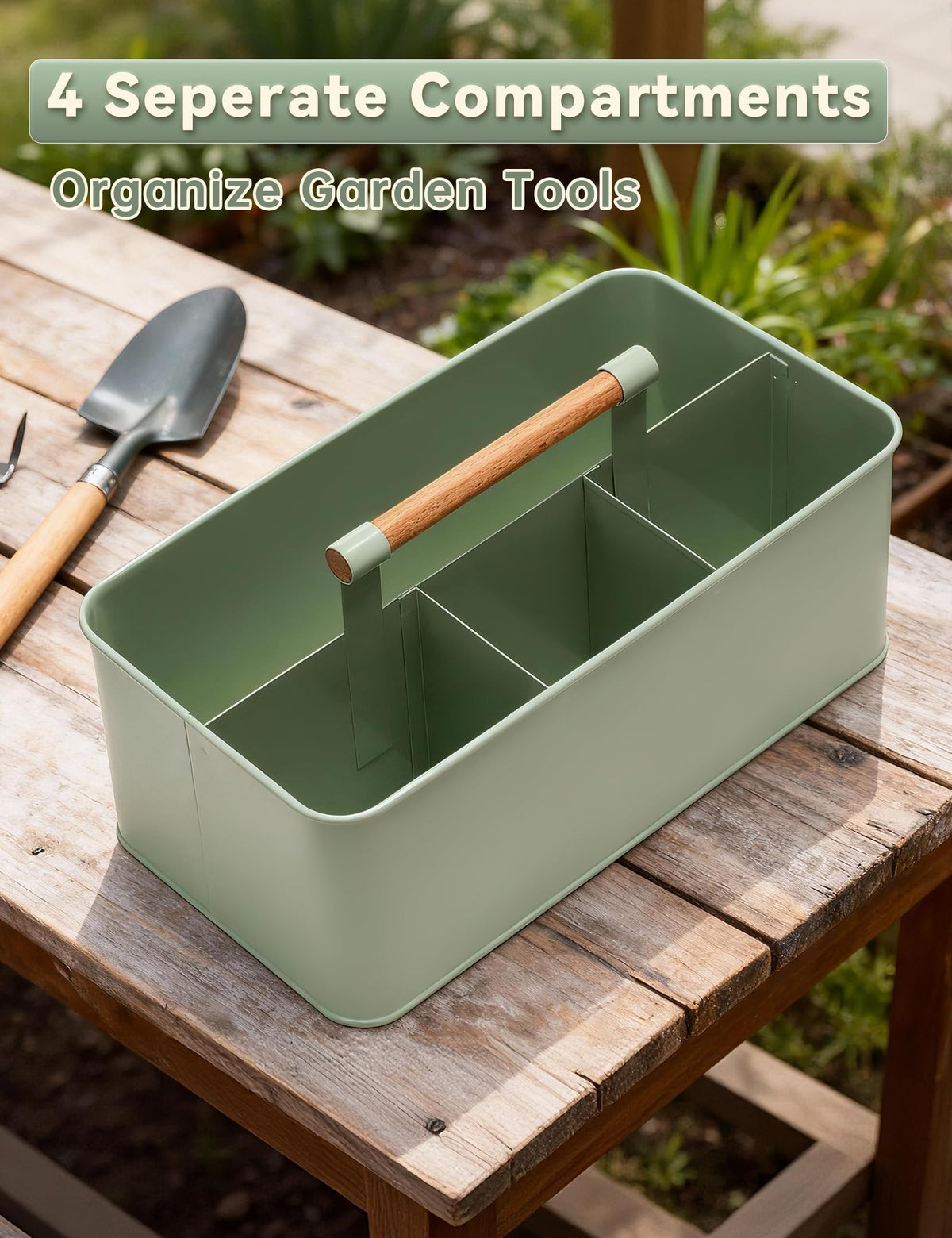 Candco metal garden caddy with four-compartments keeps seeds, gloves, and tools sorted.