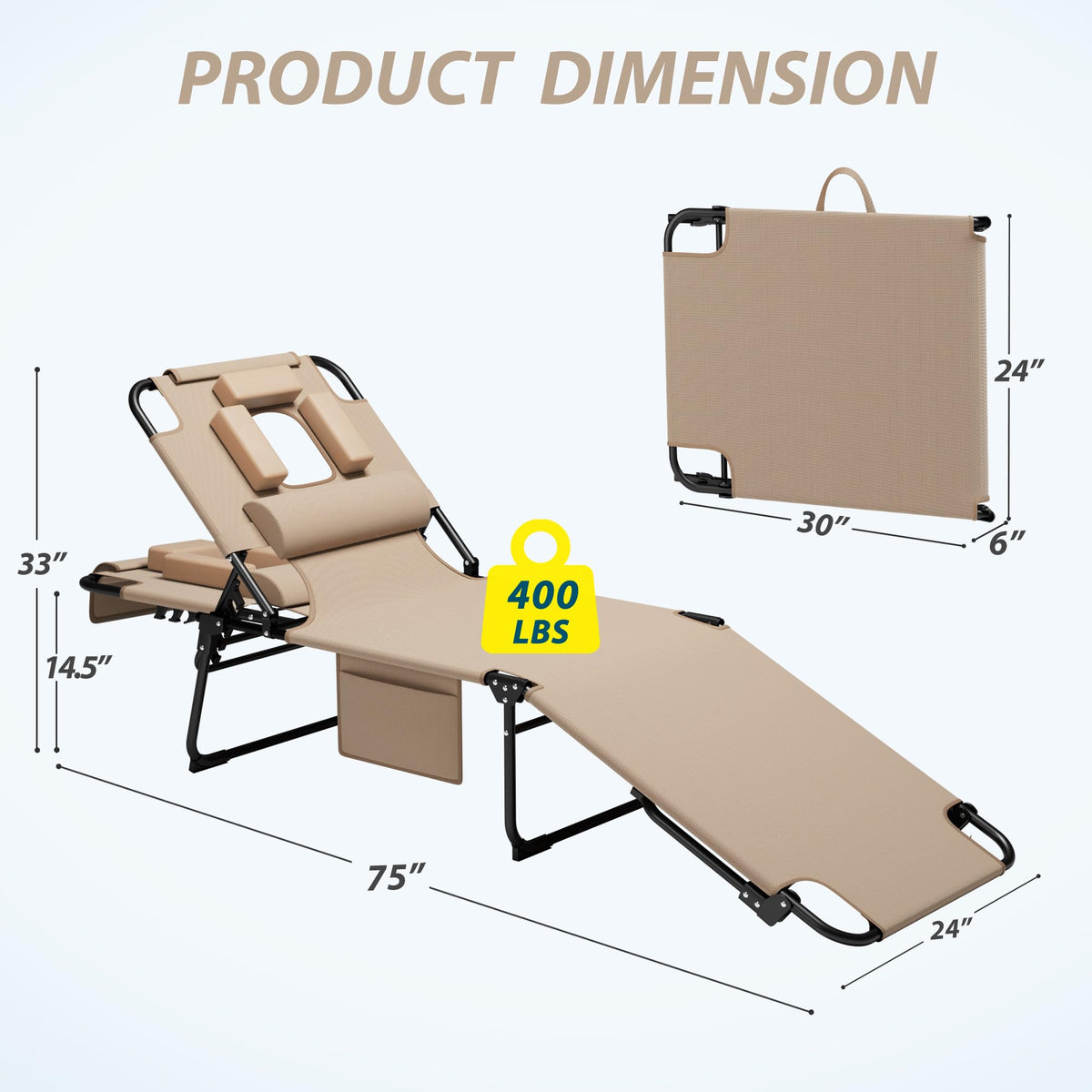 Candockway tanning chair showing two side pockets for storage