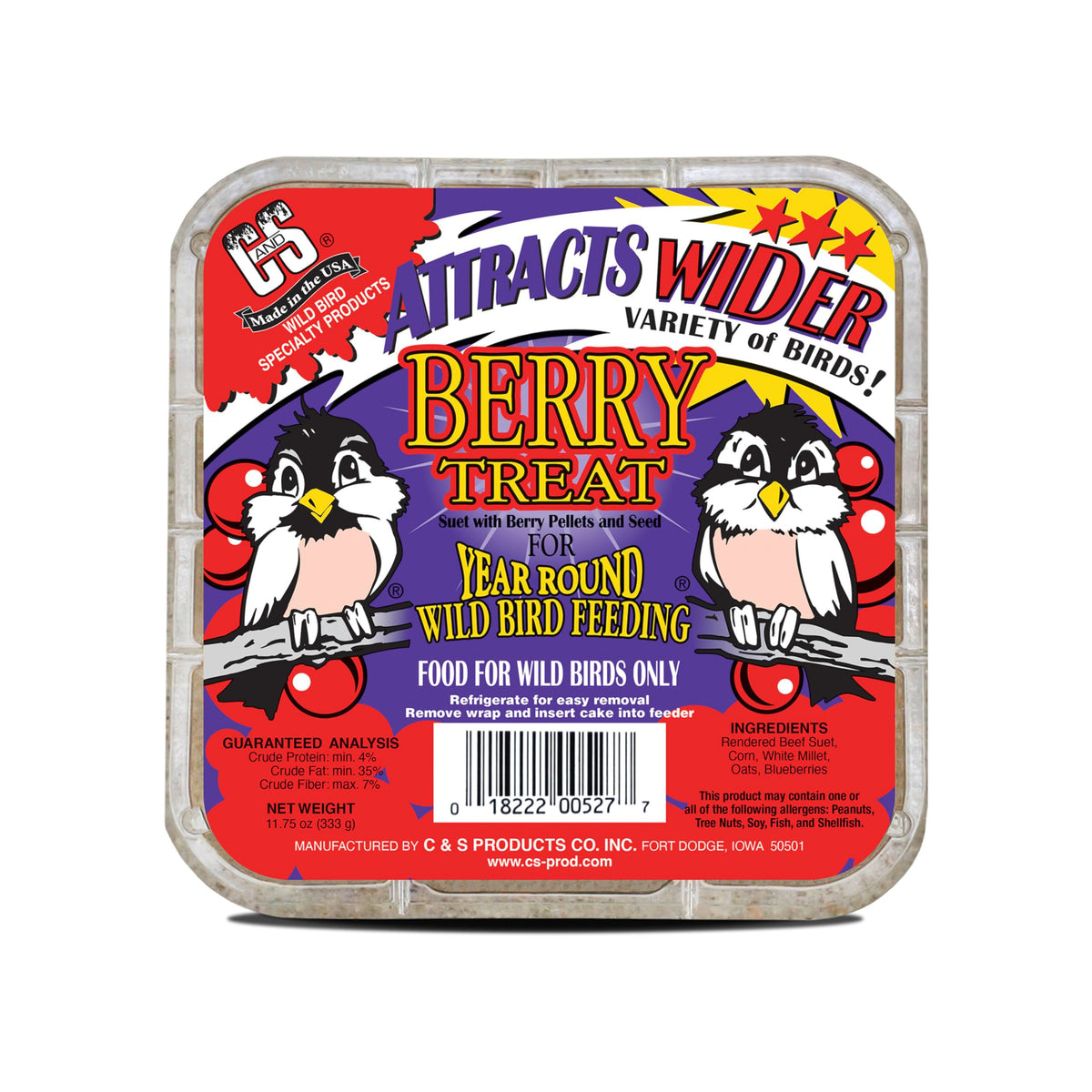 C&S Berry Suet Treat packaging shows a 12-pack box for year-round feeding.