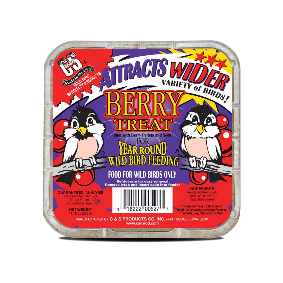 C&S Berry Suet Treat packaging shows a 12-pack box for year-round feeding.