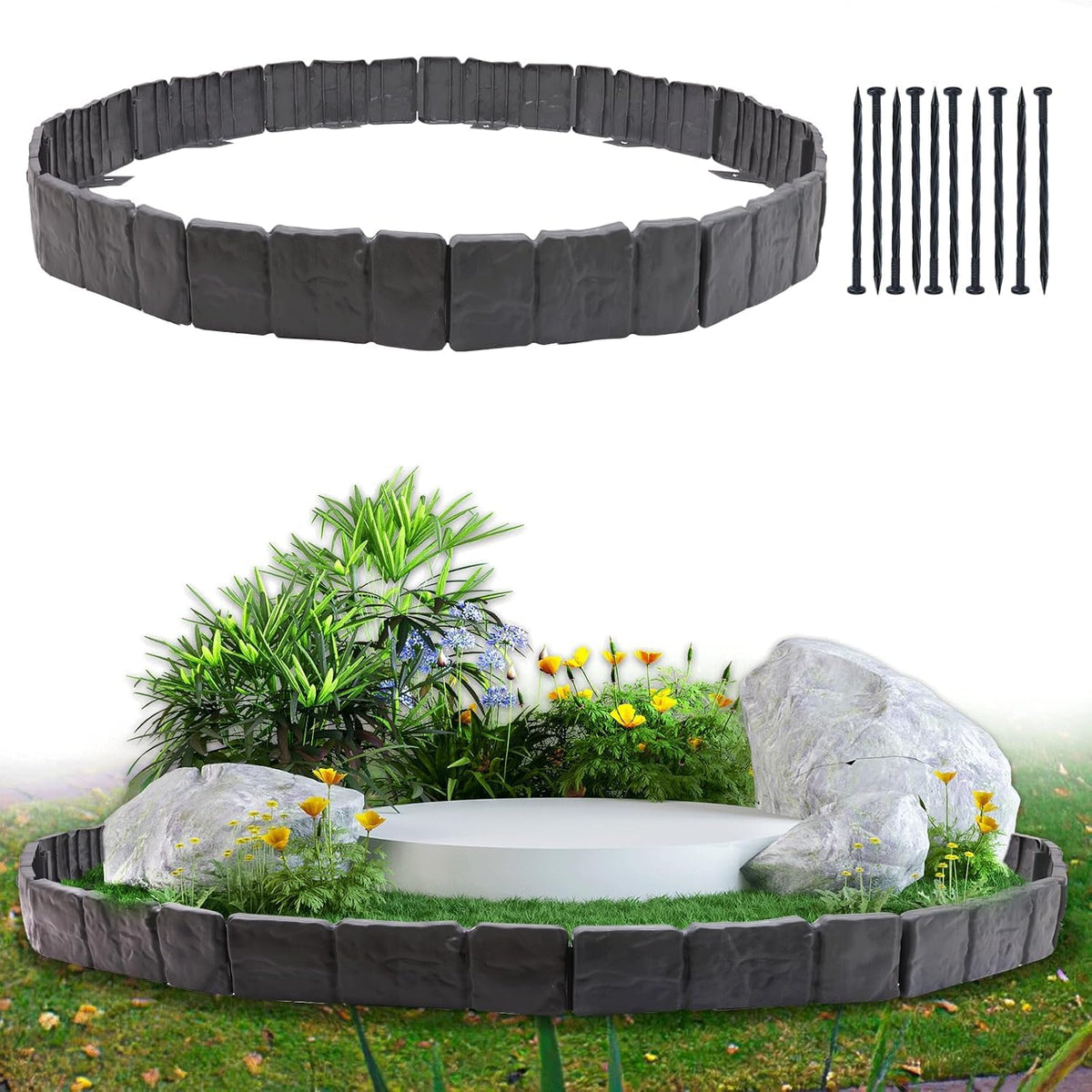 Candyhouse garden edging border with imitation stone finish for a tidy, durable flower bed.