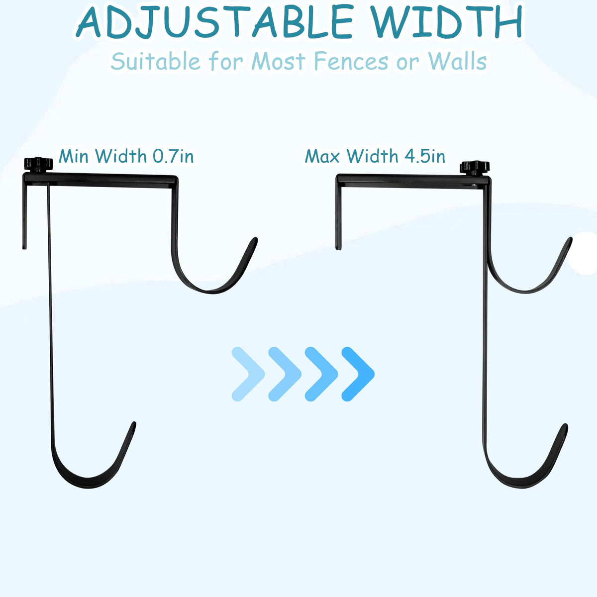 CANIPHA adjustable pool hanger shows 4.5in width, fits fences