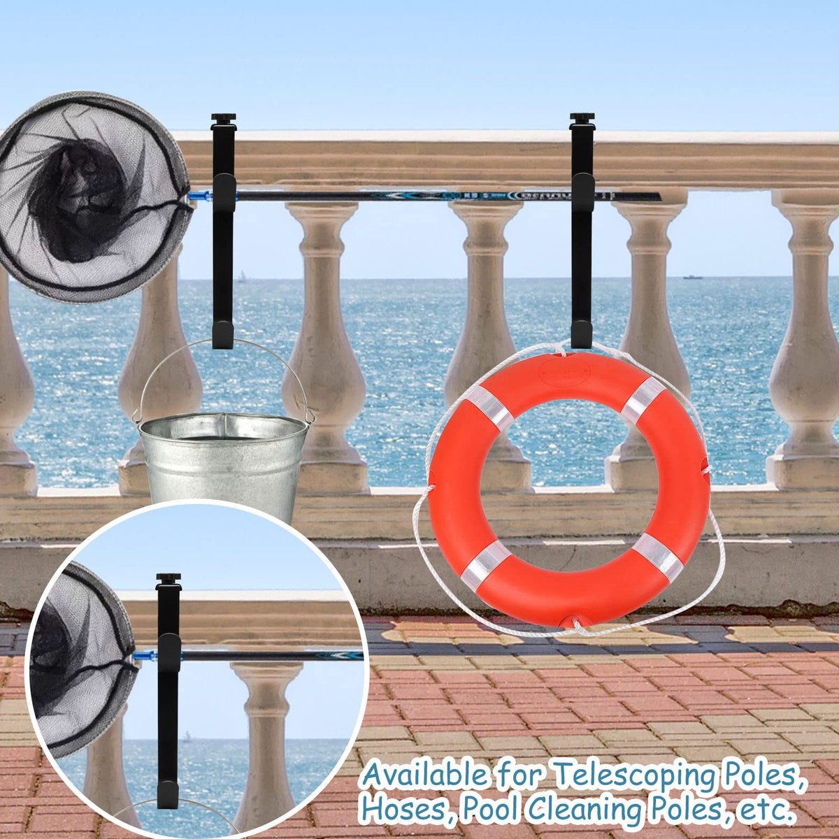 CANIPHA wall-mount pool hook keeps skimmers and hoses within reach