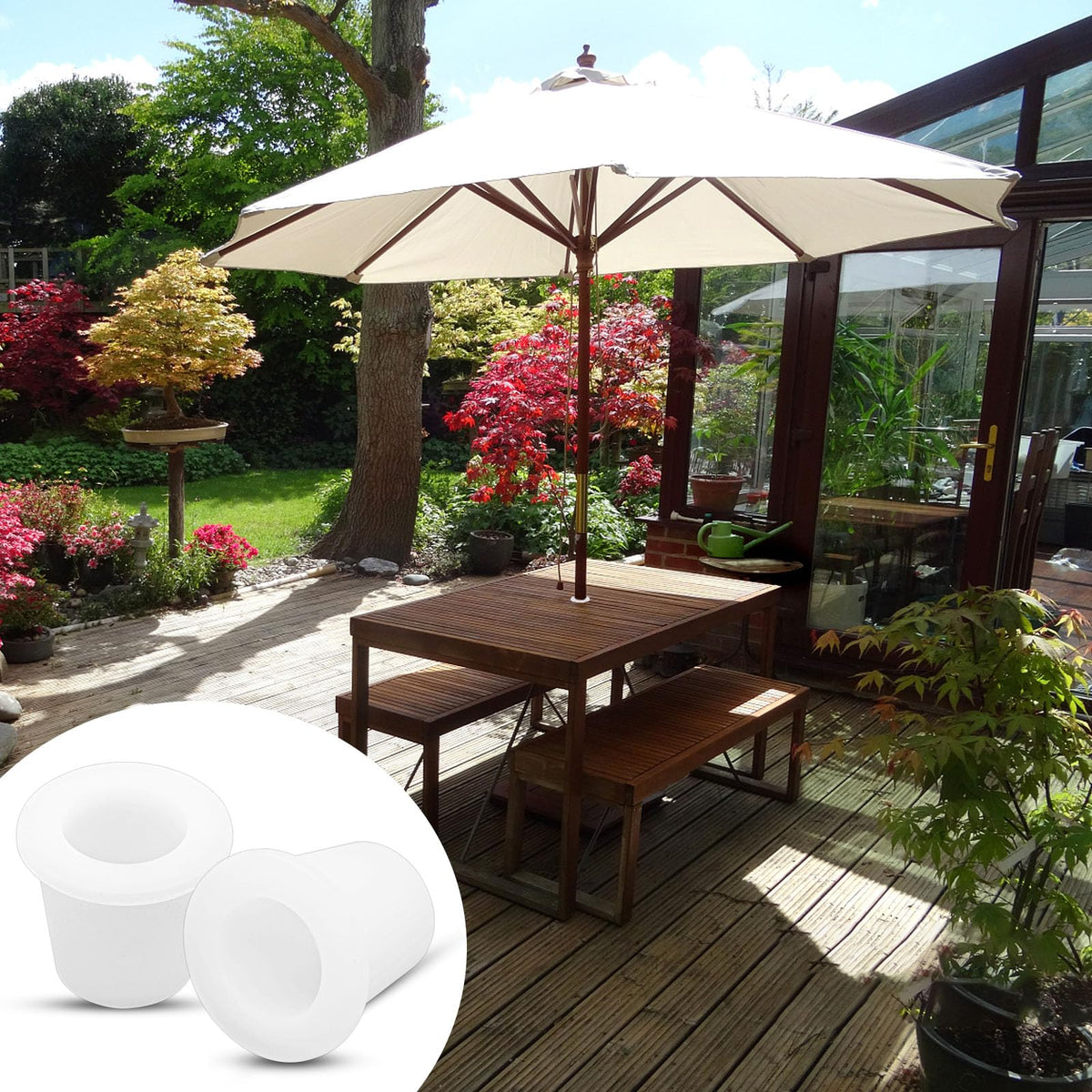CANIPHA white patio ring blends with outdoor furniture aesthetics.